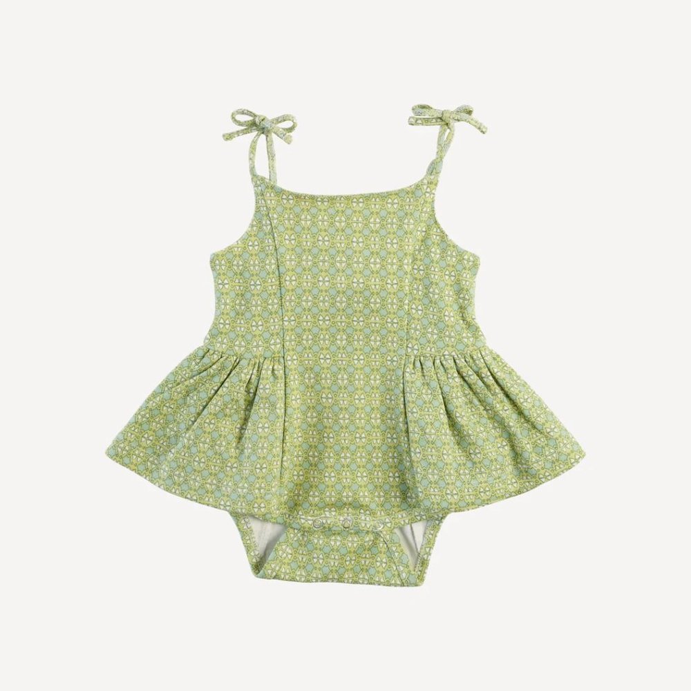 NWT Kate Quinn Green Olive Mosaic Spaghetti Tie Ballerina Bubble Romper